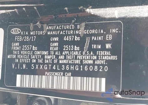 2017 Kia Optima Lx from USA, damaged, VIN 5XXGT4L36HG160820